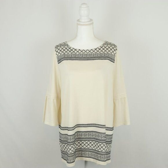 J. Jill Women's Large Petite Cream Black Embroidered Bell Sleeve Knit Blouse - Picture 1 of 9